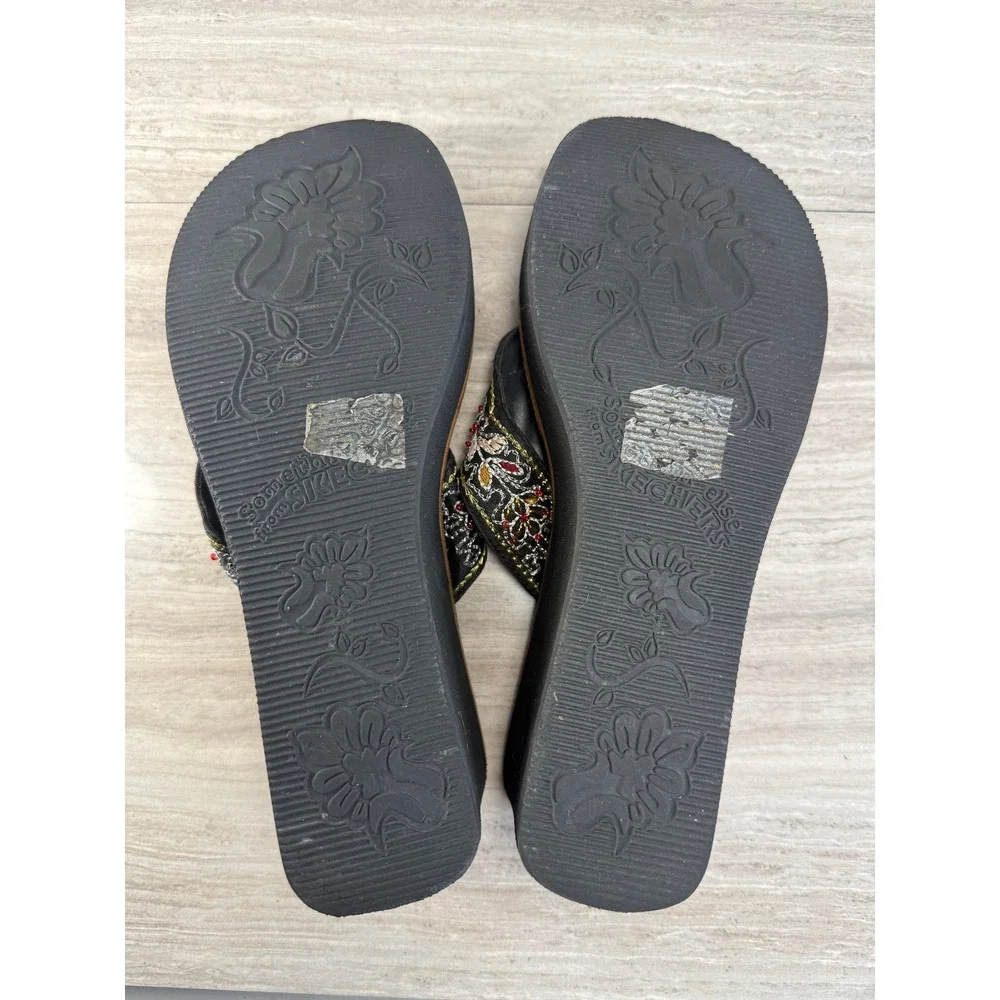 Skechers Somethin Else Vintage Y2K Boho Embroidered Leather Wedge Sandals 8.5